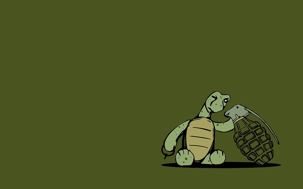 illustration of green turtle holding green grenade with removed pin HD wallpaper
